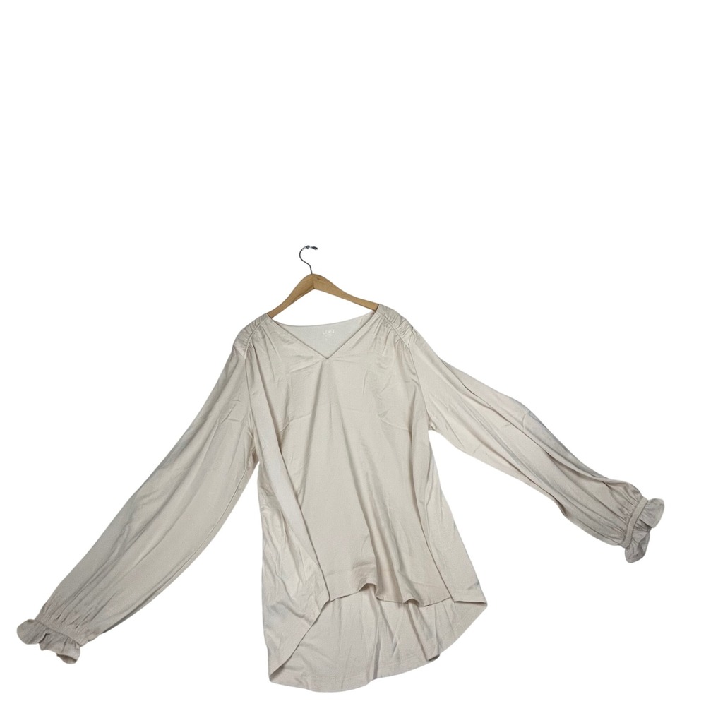 Cream Long Sleeve Blouse Ruffle Elastic Cuff Bishop Sleeve Neutral Top